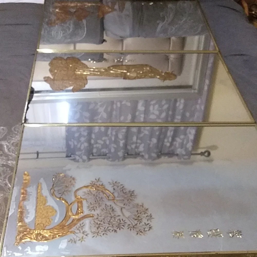 VINTAGE HOLLYWOOD REGENCY ETCHED GOLD JAPANESE MIRRORS 3PC